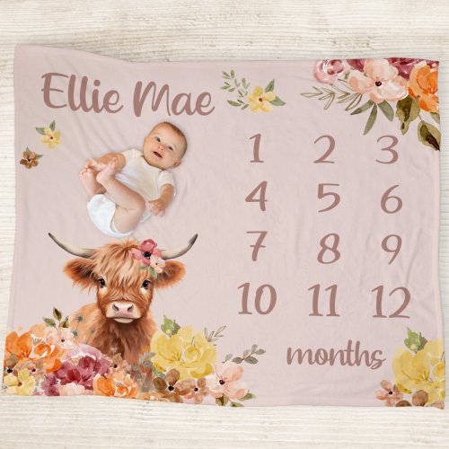 Highland Cow Wildflower Milestone Minky Blanket