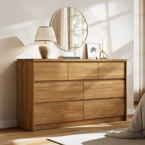 Latitude Run® 7 Drawer Walnut Dresser For Bedroom, 55" Wide Modern Chest Of Drawers With 7 Large Storage Space With Curved Edge Design, Large Dresser For Bedroom,Walnut | Wayfair