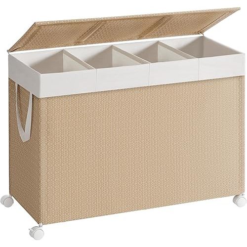 SONGMICS HOME Laundry Hamper with 4 Section, 180 L Large Rolling Laundry Basket with Wheels, Rattan Clothes Basket with Lid, Removable Liner with Handles, Natural Beige and Matte White ULCB603N01