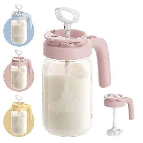 Papablic Glass Formula Pitcher, Fast Baby Breastmilk Maker with Mixing Handle Lid, Wide Mouth Mason Jar Breast Milk Storage Container with Flip-Lock Spout, BPA-Free, Pink