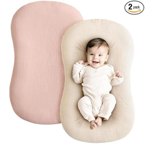 Konssy 2 Pack Muslin Baby Lounger Covers, Covers Only, 30.7" x 20" | 100% Cotton, Soft & Breathable, Baby Nest Slipcover, Envelope Closure, Pre-Washed for Lasting Fit (Pink,Cream)