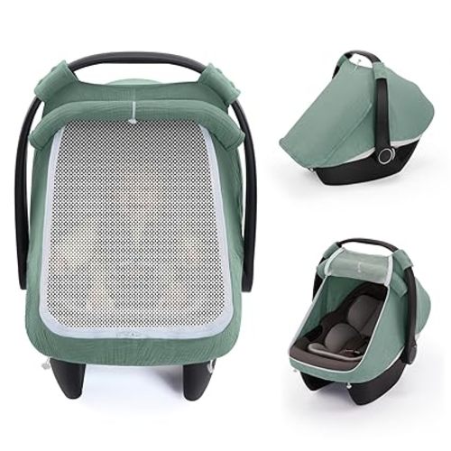 Blissful Diary Baby Car Seat Cover, Extra Large Mesh Window, Breathable Muslin Cotton, Infant Windproof Canopy, Must-Have Baby Gift - Roman Green