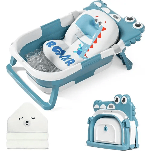 MoreFeel Collapsible Baby Bathtub for Newborn with Thermometer & 1 Hooded Towel & 1 Soft Floating Cushion,Portable Travel Bathtub with Drain Hole, Durable Foldable Baby Tubs for Infants to Toddler