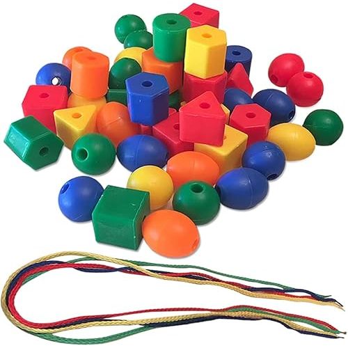 3 Bees & Me Jumbo Lacing Beads - Threading Toys for Toddlers & Kids Ages 3-5 - Fine Motor Preschool Activity with 50 Large Beads & Strings