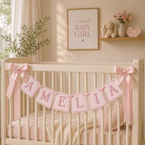 Custom Embroidered Fabric Name Banner, Personalized Nursery Decor, Gingham Pennant Garland, Baby Shower Gift, Kids Room Decor