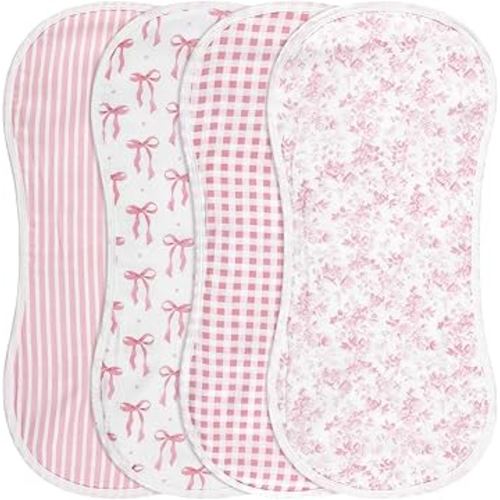 Boao 4 Pack Baby Burp Cloths Pink Bow Rayon Cotton Baby Burping Cloths 21" x 10" Soft Muslin 7 Absorbent Layers Washcloths Newborn Face Towels for Teething Drooling Infant Boy Girl Unisex