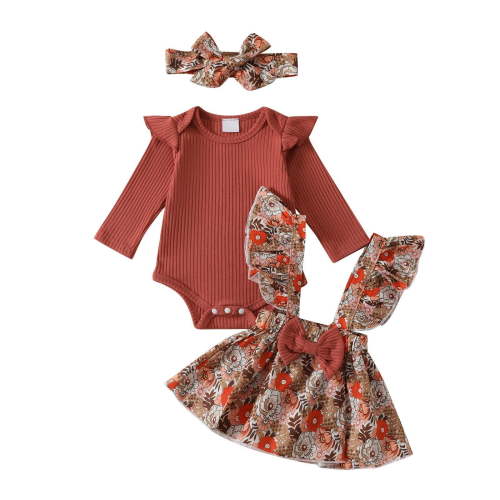 aby Girl Clothes Long Sleeve Romper and Overall Skirt Set Infant Girls Outfit Sets with Headband, 0-18M