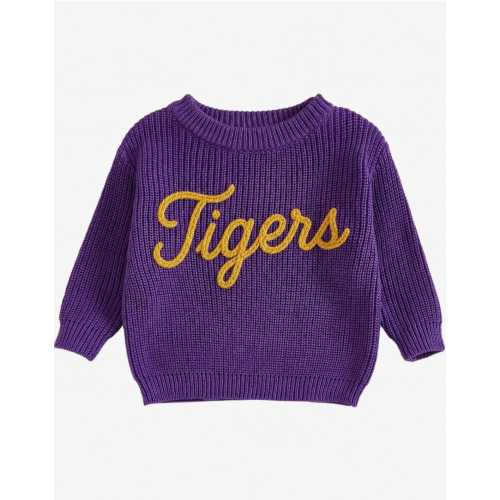 Hand-Embroidered Tigers Baby Sweater, Purple Cotton Knit, Louisiana Baby Gift