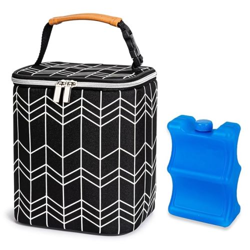 BreastMilk Cooler Bag with Ice Pack Fits 4 Baby Bottles Up to 9 Ounce, Baby Bottle Bag Fits for Nursing Mom Daycare, Black