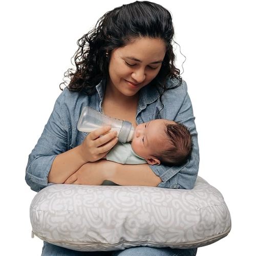 Boppy Nursing Pillow - Ergonomic Bottle & Breastfeeding Pillow with High, Firm, Large Area, Water-Repellent Cushion with Washable Cover; Baby Safety Alliance Verified - Cream Retro Squiggles