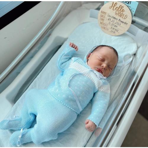 Chest Stripe OpenWork Detail Baby Knitted Set In Blue and White