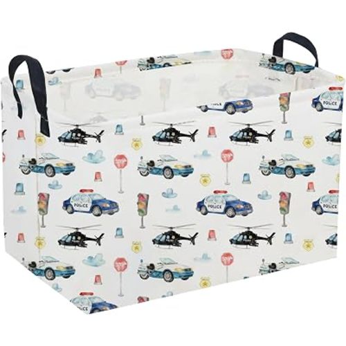 Sanjiaofeng Rectangular Police Car Storage Basket,Boys Toy Storage Bin,Nursery Hamper,Kids Storage Basket with Handles for Car Decor,Home Organizer,Books Box,Gift Baskets(Police Cars)