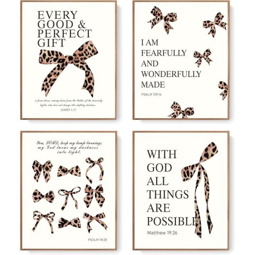 LARTSFRO Coquette Leopard Bow Wall Art Decor Posters, Y2K Cheetah Print Room Decor Aesthetic Bible Verses Inspirational Wall Art for Teen Girls Bedroom Dorm Bathroom, 10x8 Inch Set of 4 Pcs Cheetah Bow Pictures (UNFRAMED)