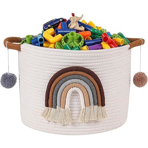 Toy Storage Baskets for Kids Cotton Rope Basket with 3D Rainbow Decor, Blanket Basket for Living Room Toys Organizer Woven Baby Storage Basket for Gifts Laundry Hamper Boys Nursery Decor, Coffee Color