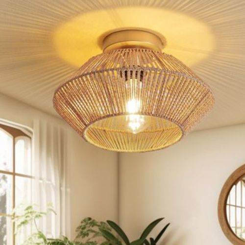 Ludomide 12" Boho Hallway Chandelier, Hand-Woven Flush Mount Boho Chandelier, Farmhouse Rattan Ceiling Light Fixture for Hallway