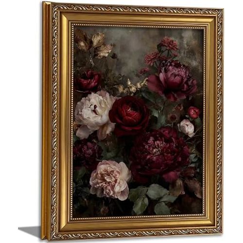 Vintage Gold Framed Floral Wall Art Dark Moody Flower Botonical Canvas Painting Picture Wall Decor Retro Rustic Peony Flowers Still Life Victorian Poster Print Artwork for Living Room Bedroom Home