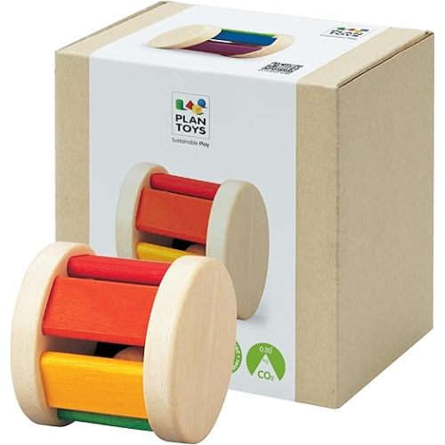 PlanToys® Wooden Roller Rattle Toy for Babies | Montessori Baby Sensory Toy with Gentle Sound | Eco-Friendly Crawling & Motor Skill Toys for Infants