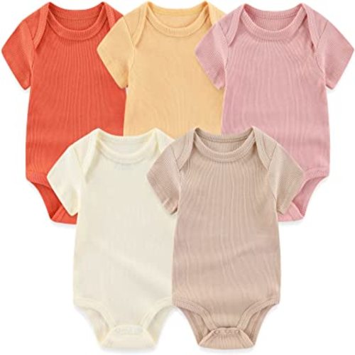 MAMIMAKA Newborn Baby Short Sleeve Bodysuit Cotton One-Piece Baby Clothes 5-Pack, 0-12 Months