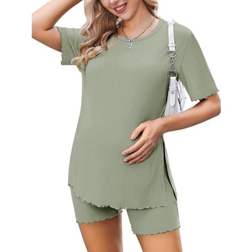 Ekoauer Women 2 Piece Maternity Pajamas Set Lightweight Pregnancy Outfit Ribbed Knit Postpartum Loungewear Set with Pocket
