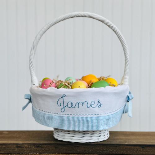Hand Embroidered Personalized Seersucker Easter Basket Liner with Side Ties