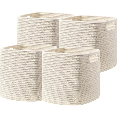 UBBCARE Set of 4 Storage Cubes-11 X 10.5 X 10.5 In, Cotton Rope Basket for Shelves, Toys, Book, Cube Storage Bin with Handles, Woven Storage Basket for Organizing, Beige