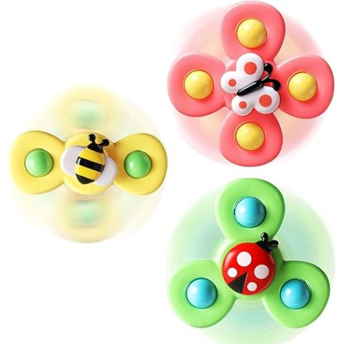 ALASOU 3PCS Suction Cup Rotating Toys for 1 Year Old Boy Girl|Rotating Top Baby Toys 12 18 Months|1 2 Year Old Boy Birthday Gift|Baby Bath Toy for Kids Ages 1-3|Sensory Toy for Toddlers 1-3