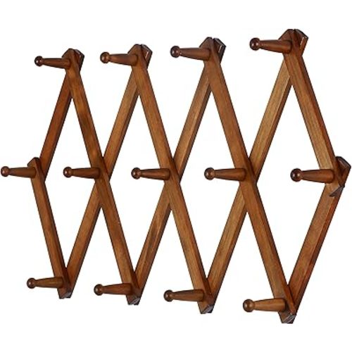 Dseap Accordian Wall Hanger: 16” High Wooden Wall Expandable Coat Rack, Hat Rack Holder, Accordion Hook for Baseball Caps, Coats, Mugs, 13 Peg Hooks, Brown