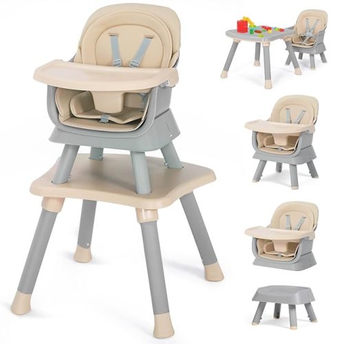 Kinder King 8 in 1 Baby High Chair, Coverts to Dining Booster Seat/Kids Table & Chair Set/Toddler Building Block Table/Kids Stool, Removable Tray & Double Seat Cover, Easy to Wipe, Grey & Pink