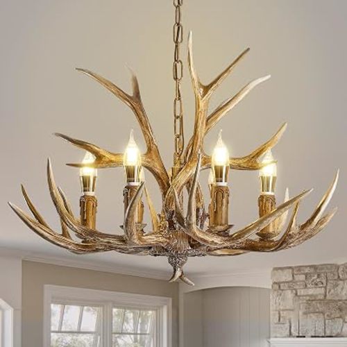 Antlers Chandelier 6 Light,Deer Chandelier Fixtures,Rustic Farmhouse Horn Antler Lighting for Living Room Bedroom Dining Room Kitchen Cafes,Bars,Kitchen Foyer(6 Lamp Arms+ 3 Arms)