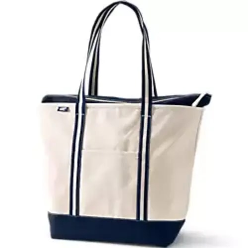 Extra Large 5 Pocket Zip Top Natural/Navy White Stripe Canvas Tote Bag | Long | Lands' End