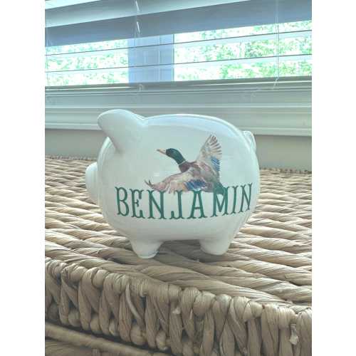 Personalized green mallard duck name Piggy Bank, Baby Boy Nursery Decor, Custom Initial Piggy Bank, Preppy Nursery Keepsake