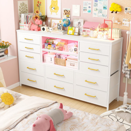 Wrought Studio™ Dresser For Bedroom With Power Outlets And Led Lights, 12 Drawers Tv Stand Dressers With 2 Tire Shelves & Reviews | Wayfair