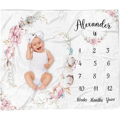 Artsadd Custom Baby Monthly Milestone Blanket with Name 30" x 40" - Personalized Baby Floral Blanket with First Year Calendar Growth Chart - Customized Newborns Blanket Shower Gifts for Girls Boys