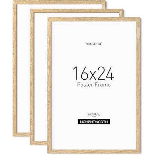 Momentworth Minimalist 16x24 Frame Set of 3, Solid Oak Wood 16x24 Picture Frame for Wall Mount - Wall Decor for Home, Office & Galley (3 Pack,Oak)