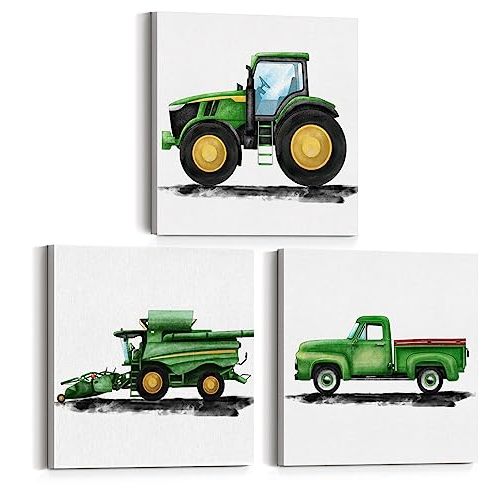 Set of 3 Tractor Nursery Farm Vehicles Art Canvas Wall Art Framed Paintings Prints Watercolor Old Farm Truck Canvas Posters Pictures Wall Decor for Home Kids Bedroom 12x12 Inch