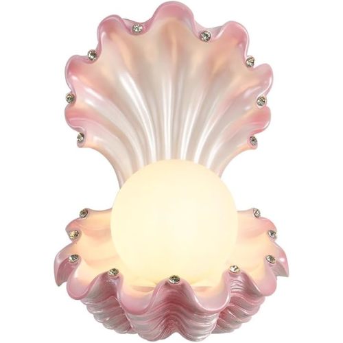 French Style Creative Clam Shell Wall Sconce Nordic Pearl Globe Shade Wall Mount Lamp Interior Rhinestones Decor Wall Light Fixture for Bedroom Living Room Hallway(Pink)