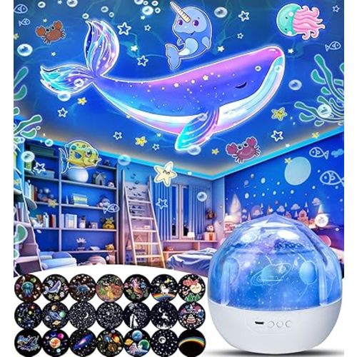 21 Sets of Films, Night Light Projector for Kids Bedroom, Star Projector Night Lights for Kids Baby Girls with 360 Rotating, Birthday, Christmas, Nursery, Room Decor