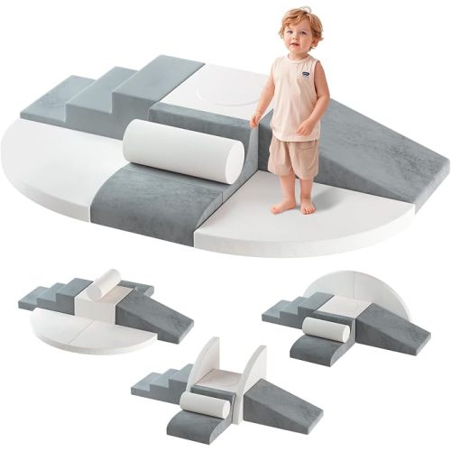 Urban Deco Large 8-Piece Foam Climbing Blocks for Toddlers, Baby Climbing Blocks, Soft Play Climbing Toys with Non-Slip Bottom, Indoor Play Gym and Activity Play Set for Climbing & Crawling, Pearl