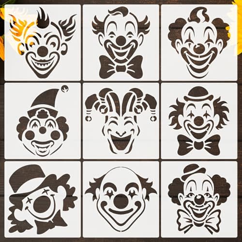 9pcs Clown Face & Circus Carnival Stencils - Reusable PET Plastic Templates with Precise Cutouts for DIY Face Painting, Party Decorations Suitable for, Carnival Events