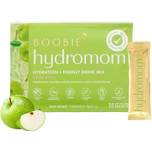 Boobie Hydromom Superfood Electrolyte Drink Mix, Green Apple | Refreshing Energy & Hydration Boost for Mamas | On-The-Go & Travel Essentials for Pregnancy, Lactation, & Beyond, 15 Packets