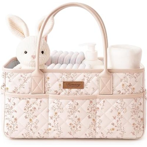 Konssy Baby Diaper Caddy Organizer, Floral Design with PU Leather Handles