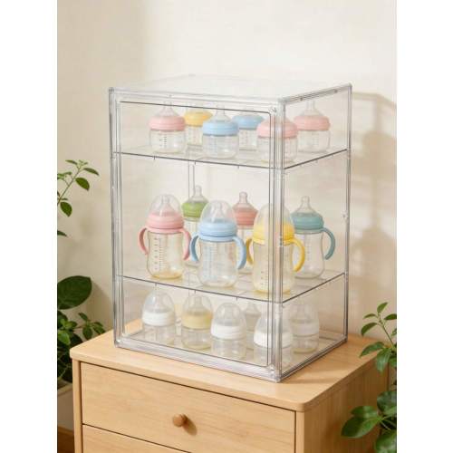 1/3 Tier Adjustable Transparent Acrylic Baby Bottle Storage Rack, With 2 Removable Dividers And Magnetic Door, Suitable For Counter And Cabinet Baby Bottle Organizer | SHEIN USA