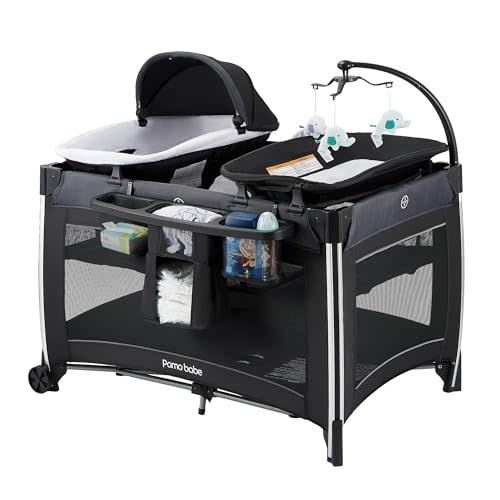 Pamo Babe 4 in 1 Baby Playards with Bassinet & Changing Table, Portable Crib Breathable Mesh and Toy Mobile