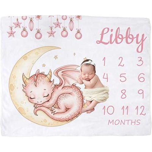 Personalized Sleeping Dragon Baby Milestone Blanket – Monthly Photo Blanket for Baby Girls, Custom Name Flannel Keepsake, for Newborns