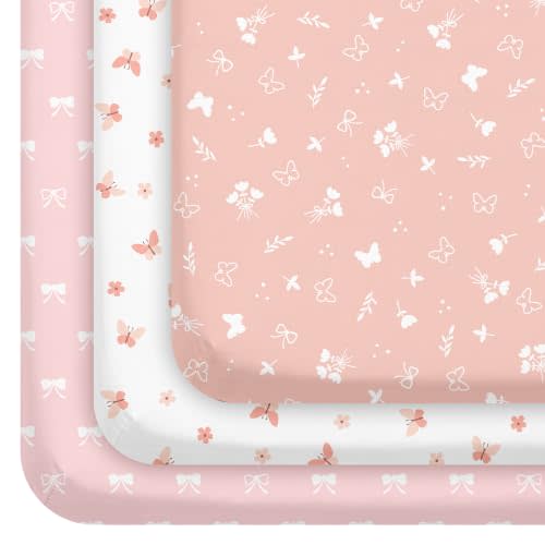 3 Pack Baby Crib Sheets for Boys Girls 52x28 Fitted Crib Sheet | Soft & Breathable Toddler Bed Sheets for Standard Crib and Toddler Mattress, Butterfly Bow