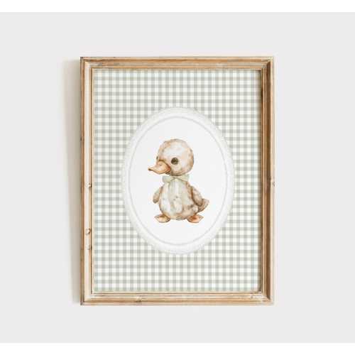 Vintage Baby Duck Nursery Print, Sage Green Gingham Nursery Decor, Duck Bow Poster, Neutral Nursery Wall Art, Boy Nursery, Girls Room Print