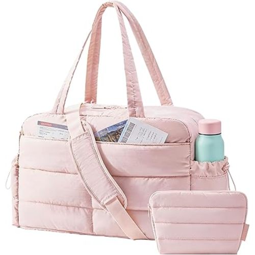 BAGSMART Gym Bag for Women, Lightweight Puffer Duffle Bag 2-PC Travel Bag, 31L Weekender Overnight Bag Quilted Carry On Tote Bag, Diaper Hospital Dance bag for Travel, Gym, Water Resistant, Camel