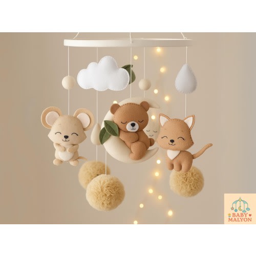 Woodland Baby Mobile, Bear Baby Mobile, Cat Baby Mobile, Mouse Nursery Decor, Pom Pom Mobile, Woodland Nursery Decor, Felt Animals Mobile