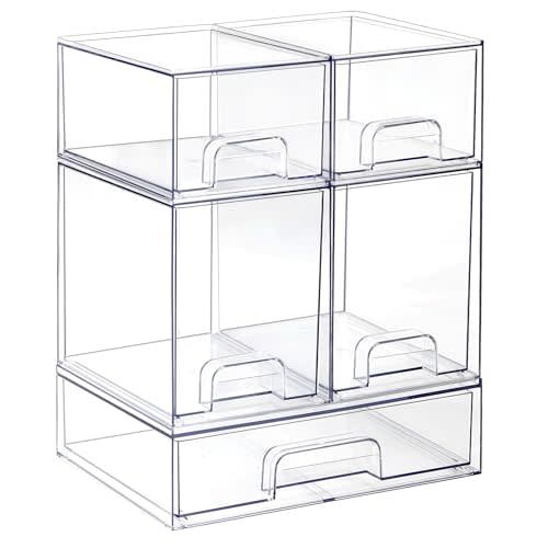 Clear Stackable Storage Drawers, Pull-Out Makeup Organizer, Transparent Baby Bottle Organizer, Storage Bins Suitable for Vanity Tables, Bathrooms, Kitchens (5-Piece Set)