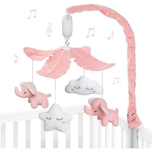 FEISIKE Baby Crib Mobile for Girls Boys with 3 Modes Digital Musical Motor(Rotating Only, Music Only, Rotating & Music, 35 Lullabies, Pink Elephant Nursery Mobile, Knob Type